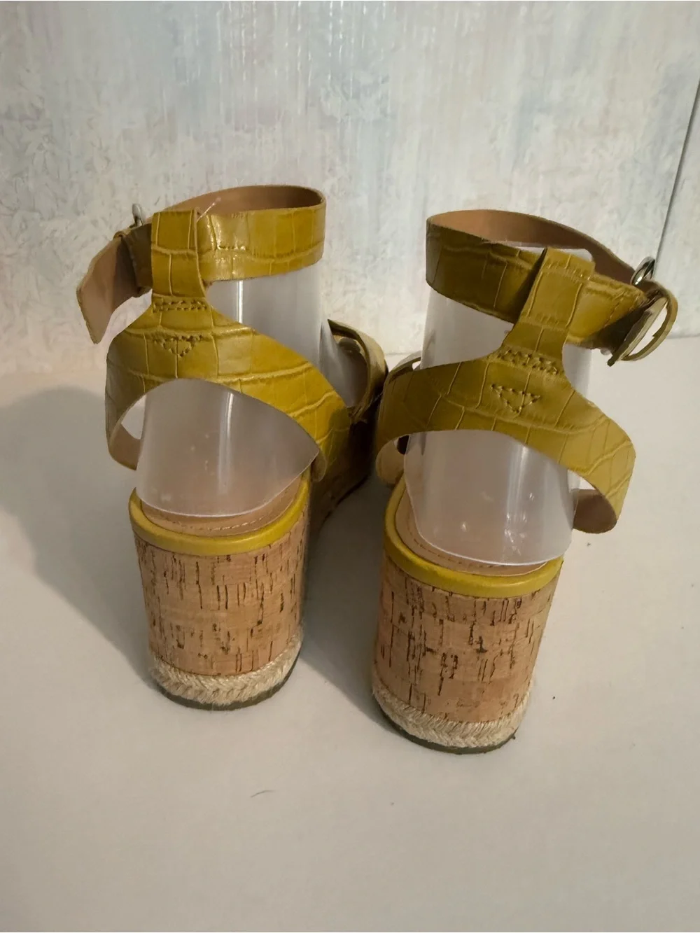 Marc Fisher Mustard Yellow Faux Croc Embossed Leather Cork Platform Wedge Sandal